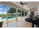Relaxing living room with a view of the beautiful screened-in pool and backyard at 2921 Lake Tohopekaliga Blvd, Kissimmee, FL 34746