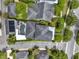 Overhead shot shows a screened-in pool and backyard area with solar panels for sustainable living at 8665 Pinter St, Orlando, FL 32827