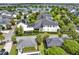 From above, see a sparkling pool, solar panels, and a tranquil lake in this neighborhood at 8665 Pinter St, Orlando, FL 32827