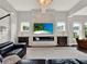 Bright living room with a modern fireplace, elegant light fixtures, and stylish seating arrangement at 8665 Pinter St, Orlando, FL 32827