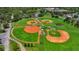Aerial view of baseball fields with well-maintained green grass and manicured clay at 410 Winter Bliss Ln, Mount Dora, FL 32757