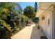 View of home's side yard with concrete walk, lush landscaping, and chain link fence at 105 John Anderson Dr, Ormond Beach, FL 32176