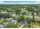 Expansive aerial view of a residential neighborhood with mature trees and a nearby pond and clear blue skies at 117 Burns Ave, Longwood, FL 32750