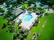Aerial view of community pool with palm trees, seating, and nearby community buildings at 12832 Sawgrass Pine Cir, Orlando, FL 32824