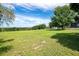 Lush green backyard with mature trees, a fenced perimeter, and space for outdoor activities at 17927 E Apshawa Rd, Minneola, FL 34715