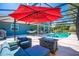 Inviting outdoor patio area with comfortable seating, a fire pit, and a view of the pool at 17927 E Apshawa Rd, Minneola, FL 34715