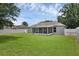 Well-maintained backyard featuring lush green grass, white fencing, and a screened in patio at 253 Churchill Ct, Kissimmee, FL 34758