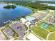 Scenic aerial view of a lake with community amenities including a pool, clubhouse, and tennis courts at 3099 Ella Way, St Cloud, FL 34771