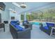 Screened lanai with outdoor furniture, fireplace, and pool views at 3160 Whisper Wind Dr, St Cloud, FL 34771