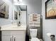 Updated half bathroom featuring a white vanity, decorative mirror and fixtures with a modern accent at 31980 Geoff Way, Sorrento, FL 32776