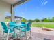 Cozy outdoor patio with blue patio furniture overlooking the expansive backyard at 31980 Geoff Way, Sorrento, FL 32776