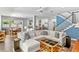 Spacious living room with stairs, adjacent to the kitchen and dining areas in an open layout at 617 Worthington Dr, Winter Park, FL 32789