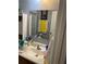 A neutral bathroom featuring a large mirror, vanity, and decorative artwork, with a shower reflected at 976 Alicante Ave, Orlando, FL 32807