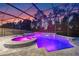 Gorgeous screened-in pool and spa featuring a waterfall and colorful lights for nighttime enjoyment at 1224 Hillcrest View Loop, Apopka, FL 32703