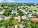 An aerial view of a charming home with lush landscaping, mature trees, near golf course and scenic pond with fountain at 174 Promenade Cir, Lake Mary, FL 32746