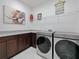 This laundry room features a large utility sink, granite countertops, and modern washer and dryer at 5264 Obsidian Gate Dr, Mount Dora, FL 32757