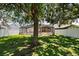 A lush, green backyard featuring a screened-in lanai, surrounded by a white fence at 5451 Los Palma Vista Dr, Orlando, FL 32837