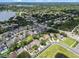 Bird's eye view of a lovely residential area featuring verdant lawns, cozy homes, and a tranquil pond at 6720 Winder Lynne Ln, Orlando, FL 32819