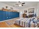 Bright bedroom featuring blue accent wall, wood floors, and decorative shelving at 2216 Sequoia Way, Davenport, FL 33896
