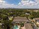 Beautiful aerial view of townhomes, a community pool, and the city skyline in the background at 528 Lanark Ct, Orlando, FL 32806