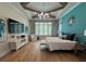 Serene main bedroom boasts tray ceiling, large windows, and stylish decor with a calming color palette at 10143 Mattraw Pl, Golden Oak, FL 32836