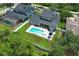 An aerial perspective of a private backyard features a pool, patio, and well-maintained lawn at 14252 Anastasia Ln, Orlando, FL 32828