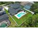 Aerial view of backyard featuring pool, patio seating, and manicured lawn, perfect for outdoor enjoyment at 14252 Anastasia Ln, Orlando, FL 32828