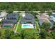 Aerial view of backyard featuring pool, patio seating, and manicured lawn, perfect for outdoor enjoyment at 14252 Anastasia Ln, Orlando, FL 32828