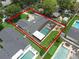 An aerial view showcasing a home's layout, screened pool, lush landscaping, and putting green at 1850 Geronimo Trl, Maitland, FL 32751