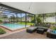 Screened-in pool with an outdoor seating area featuring comfortable furniture and a well-manicured lawn for relaxation at 1850 Geronimo Trl, Maitland, FL 32751