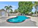 Inviting backyard pool surrounded by lush landscaping and a shed at 335 Oakpark Loop, Davenport, FL 33837