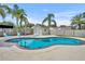 Beautiful backyard pool with mature palm trees and a convenient storage shed at 335 Oakpark Loop, Davenport, FL 33837