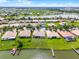 An aerial view capturing a serene community by the lake, featuring lush landscaping at 3533 Somerset Cir, Kissimmee, FL 34746