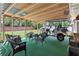Covered patio with seating area and golf cart parked on the green turf at 5704 Bay Side Dr, Orlando, FL 32819