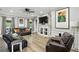 Cozy living room with a fireplace, built-in shelving, hardwood floors, and comfortable leather seating at 6346 Dallas Blvd, Orlando, FL 32833