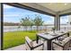 Covered patio with an outdoor dining set, offering a scenic view of the lake at 840 Livestock Loop, St Cloud, FL 34771