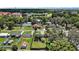 Aerial view showcases the fenced yard, storage shed, and surrounding neighborhood at 716 N Rockingham Ave, Tavares, FL 32778