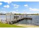 Picturesque boat dock featuring a covered seating area and boat lift, perfect for enjoying waterfront living at 1351 N Classic Ct, Longwood, FL 32779