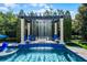 Stunning pool with waterfall feature, beautiful landscaping, and inviting blue furniture at 1517 Edenhall Pt, Lake Mary, FL 32746