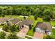 Aerial view of several homes featuring brick driveways and well-manicured lawns and mature landscaping at 31924 Geoff, Sorrento, FL 32776