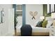 Well-lit bedroom with a modern design, blue accents, and curated wall art at 349 Sol Vista Dr, Dundee, FL 33838