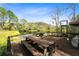 Outdoor deck with wood picnic table overlooking a pond surrounded by green trees under a blue sky, perfect for gatherings at 538 Murray St, Osteen, FL 32764