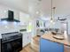 Open kitchen with stainless steel appliances, white cabinets, wood countertops and an eat-in island at 609 Brockway Ave, Orlando, FL 32807