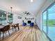 Open living room with a brick fireplace, sliding glass door, and a combination of natural and modern light fixtures at 609 Brockway Ave, Orlando, FL 32807