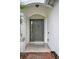 A close up view of a front door with sidelight in a white stucco entrance archway at 6931 Sperone St, Orlando, FL 32819