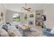 Spacious living room featuring a comfortable sofa, fireplace, and view of the golf course at 10254 Hart Branch Cir, Orlando, FL 32832