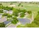 Aerial view of a residential neighborhood with well-maintained homes, lush trees, and green lawns at 2173 Caledonian St, Clermont, FL 34711