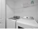 Laundry room with modern white washer and dryer, wire shelf and white walls at 2460 Reading Trl, Kissimmee, FL 34746