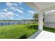Beautiful backyard with a stunning lake view, lush grass, and black metal fence at 3110 Areca Ave, New Smyrna Beach, FL 32168