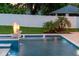 Backyard pool features tiered tilework, elegant fire bowls, and manicured landscaping at 1620 S Eola Dr, Orlando, FL 32806